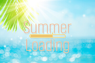 Wall Mural - hello summer words on blur tropical beach with bokeh sunlight wave abstract background. summer vacat