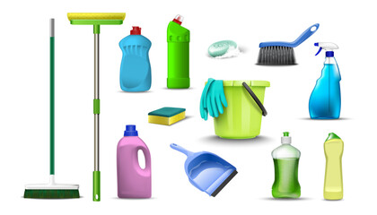 Wall Mural -  vector collection of household cleaning products. Isolated on white background.
