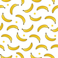 Wall Mural - yellow bananas on white background seamless pattern cartoon style for wallpaper, banner, label, cover, card, texture etc. vector design.