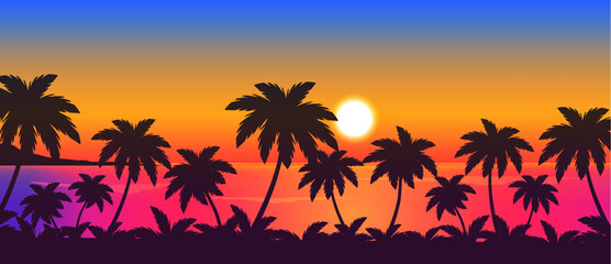 tropical sunset over the ocean and palm trees, vector beach landscape illustration