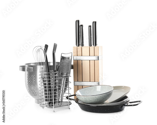 Fotografía Set of different cooking utensils and dishes on white background