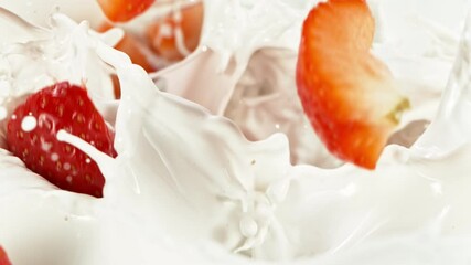 Fototapete - Super slow motion of strawberries slices falling into milk. Filmed on high speed cinema camera, 1000 fps.