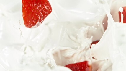 Aufkleber - Super slow motion of strawberries slices falling into milk. Filmed on high speed cinema camera, 1000 fps.