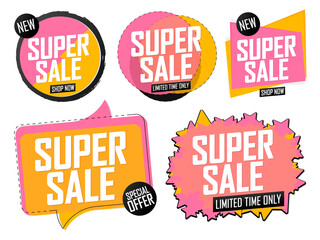 Set Super Sale banners design template, discount tags, mega offer, vector illustration