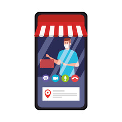Wall Mural - shopping online on website or mobile, man wearing medical mask against covid 19 with sign hanging in