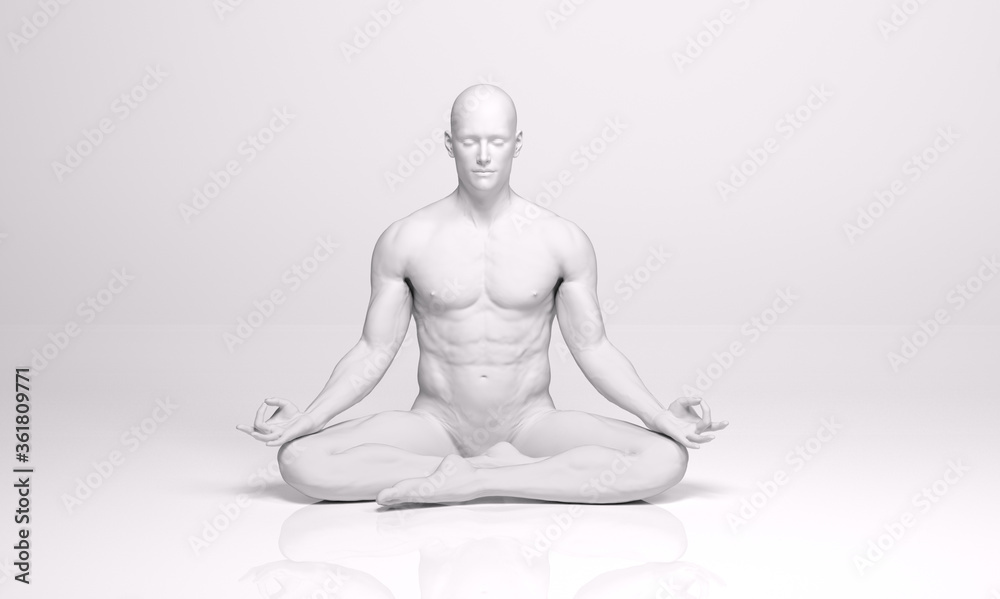 3D Rendering : A sculpture of a man meditating on the ground floor with silver texture. A man is sitting and practicing yoga in silence - obrazy, fototapety, plakaty 