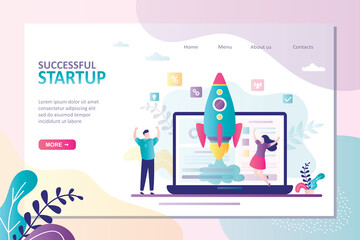 Wall Mural - successful startup landing page template. rocket takeoff on laptop screen. happy businesspeople or i