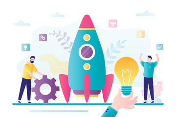 Wall Mural - startup development concept. group of business people create new business. big hand give new busines