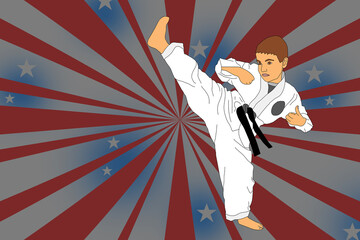 Illustration of a young man kicking on background