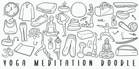 Wall Mural - Yoga and Meditation Doodle Line Art Illustration. Hand Drawn Vector Clip Art. Banner Set Logos.