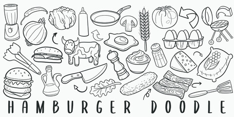 Burger Menu Food Doodle Line Art Illustration. Hand Drawn Vector Clip Art. Banner Set Logos.