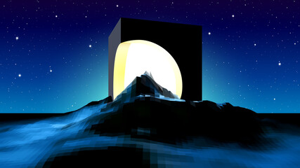 Poster - Abstract alien landscape with mysterious ruins of cube building and shiny light inside. Science fiction space landscape in 80s style