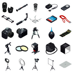 Poster - Photographer equipment icons set. Simple set of photographer equipment vector icons for web design on white background