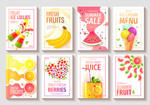 Set Of Flyer With Fresh Fruits And Berries. Watermelon, Orange, Grapefruit, Lemon, Bananas, Fruit Juice, Ice Lollies, Ice Cream Cone. Vector Illustration For Summer Sale, Menu, Poster, Banner, Flyer.