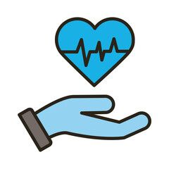 Poster - hand with medical heart cardiology pulse line and fill style icon