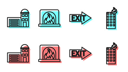 Set line Fire exit, Building of fire station, Interior fireplace and Fire in burning building icon. Vector.