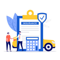 Poster - Car insurance concept with car, contract paper and people characters. Modern vector illustration in flat style for landing page, mobile app, banner, web, backgrounds, infographics, hero images