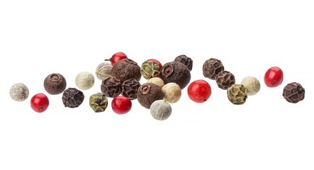 Wall Mural - Pepper mix. Black, red, white and allspice peppercorns isolated on white background, close up