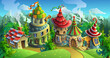 A fairytale village with bright houses and castles. Vector illustration for design background. Panorama.