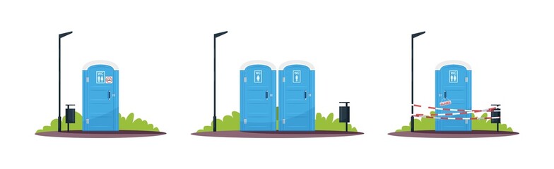 Wall Mural - Portable public toilets semi flat RGB color vector illustration. Outdoor convenience, restroom. Separated mobile lavatories. Closed wc. Isolated cartoon objects on white background