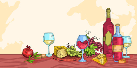 Wall Mural - Wine sketch illustration with cheese, vine, glasses, grape, wooden board, bottles, corks, pomegranate. Italian beverages and appetizers background in engraving vintage style with green leaves