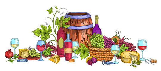 Wall Mural - Italian wine illustration with cheese, grapes, vine, cask, glasses, corks, basket. Food and drink vector concept in engraving style isolated on white. Harvest still life with alcoholic beverages