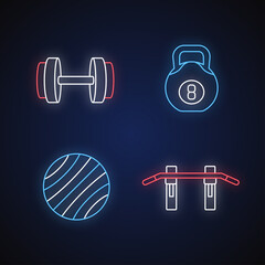 Wall Mural - Weight training neon light icons set. Exercise ball, dumbbell, pull up bar and kettlebell signs with outer glowing effect. Gym equipment for fitness. Vector isolated RGB color illustrations