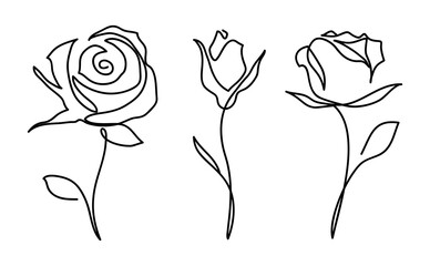 Aufkleber - One line drawing. Garden rose with leaves. Hand drawn sketch. Vector illustration.