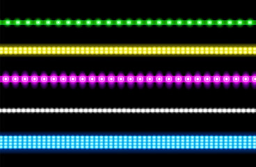 Wall Mural - Led strips with neon glow effect isolated on transparent background. Vector realistic set of colored light stripes, glowing tape with pink, green, blue, yellow and white lamp and diode bulbes