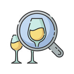 Poster - Enotourism RGB color icon. Wine tasting tours, winemaking. Alcohol drinks degustation on vacation. Wineglasses under magnifying glass isolated vector illustration