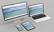 © photostocklight - Laptop, desktop computer ,mobile and tablet 3d rendering travel agency website mockup .3d illustration