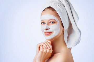Wall Mural - cosmetology, skin care, face treatment, spa and natural beauty concept. woman with facial mask.
