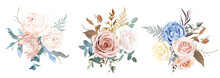 Desert Dusty Brown And Yellow Rose, Beige Peony, Pastel Pink Protea, Blue Ranunculus