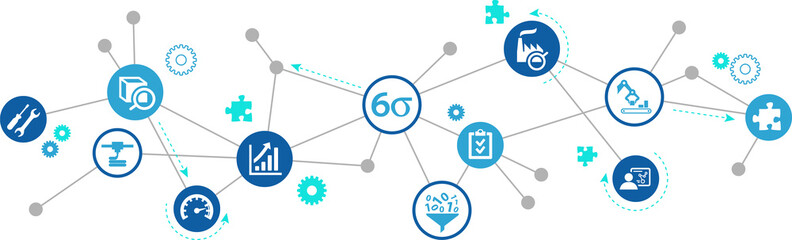 lean management vector illustration. Concept with connected icons related to six sigma or lean manufacturing process and performance improvement methods.