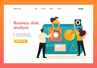 Poster - Teamwork, business analysis on a large tablet. Flat 2D character. Landing page concepts and web design