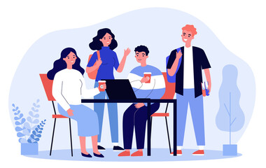 Wall Mural - Happy students drinking takeaway coffee. Group of young people using laptop together flat vector illustration. Friendship, communication concept for banner, website design or landing web page