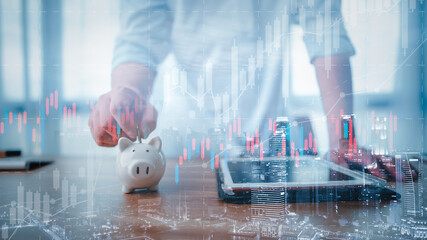 Poster - business finance technology saving and investment concept. Saving money effectively by investing in the stock market, funds and digital assets. Business people are choosing savings.