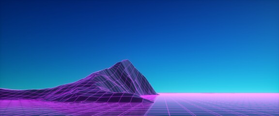 Purple neon wireframe landscape against beautiful blue sky. Cyberpunk scene. Cyberspace concept. Glowing triangular surface. Futuristic wallpaper in style of 80's. Synthwave stylization.