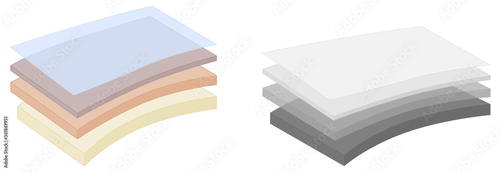 Simple four layers or fabric diagram. Various thickness, colors and gray version, top layer opaque, sheets are slightly bent - obrazy, fototapety, plakaty 