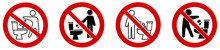Do Not Throw Or Flush Rubbish In Toilet Icon. Simple Man Silhouette Throwing Stuff Into Bowl, Red Crossed Circle Around