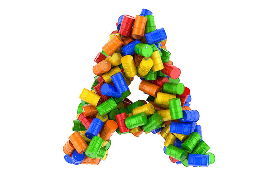 Letter A from colored steel barrels, 3D rendering
