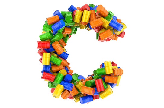 Letter C from colored steel barrels, 3D rendering