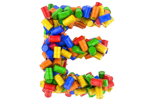 Letter E from colored steel barrels, 3D rendering