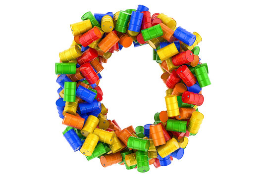 Letter O from colored steel barrels, 3D rendering