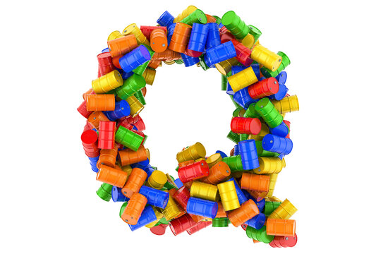 Letter Q from colored steel barrels, 3D rendering