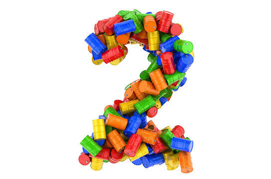 Number 2 from colored steel barrels, 3D rendering