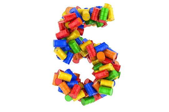 Number 5 from colored steel barrels, 3D rendering