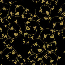 Seamless Floral Pattern. Elegant Silhouetted Golden Vines On Black Background.