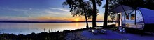 Travel Trailer Camping By The Mississippi River At Sunset In Thomson Causway Illinois 