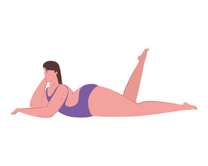 Sticker - cute plump woman in swimsuit purple color lying face down on white background vector illustration design